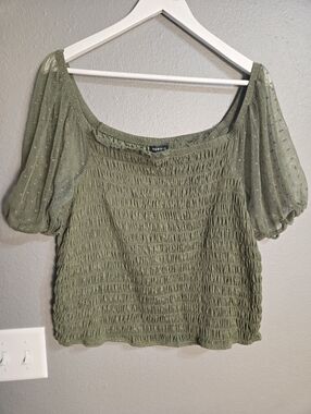 Torrid Olive Green Smocked Cropped Top With Sheer Sleeves Size 3X